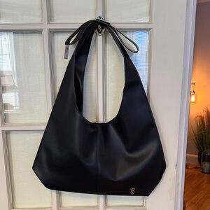 victorias secret black faux leather large bow shoulder bag